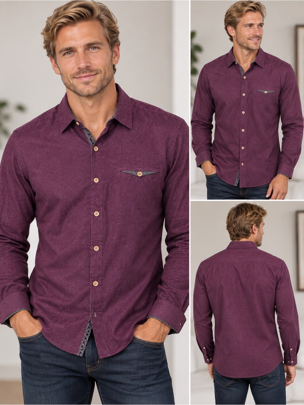 Men's Long-Sleeve TED BAKER Button Shirt - Plum sz 4 (L)